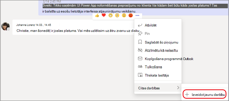 Izvēlne Papildu opcijas ar iezīmētu apakšizvēlni Izveidot jaunu darbību.