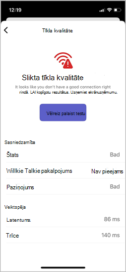 Tīkla kvalitātes pārbaudes ekrāns rācijsarunā
