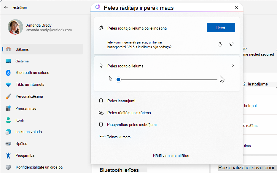 Iestatījumu ekrānuzņēmums, kurā redzama mākslīgā intelekta meklēšana, izmantojot aģentu.