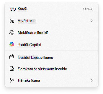 Ekrānuzņēmums ar kontekstizvēlni Noklikšķināt, lai paveiktu ar funkciju Jautāt Copilot