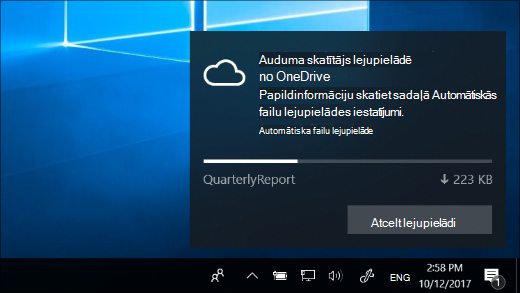 Paziņojums par lejupielādi, kas saņemts, kad ir ieslēgts pakalpojums OneDrive faili pēc pieprasījuma