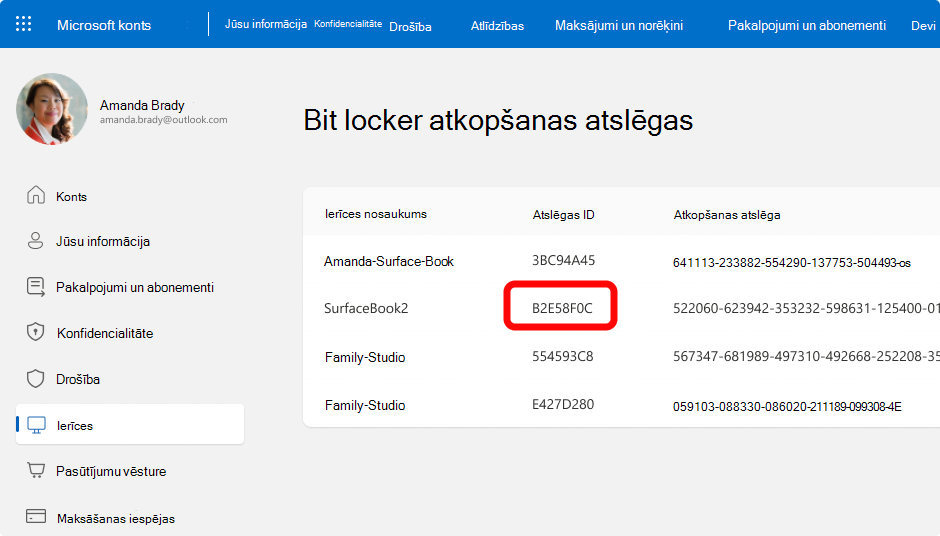 Screenshot of the BitLocker recovery keys for a Microsoft account.