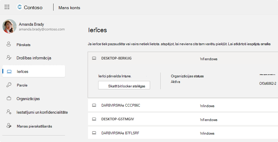 Screenshot of the BitLocker recovery keys for a work or school account.