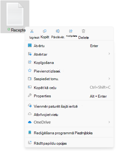 Ekrānuzņēmums, kurā redzama faila kontekstizvēlne, kas attēlo jaunās izgriešanas/kopēšanas/pārdēvēšanas/koplietošanas/dzēšanas opcijas.