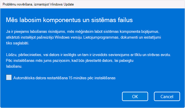 Ekrānuzņēmums ar Windows Update pārinstalēšanas opciju.