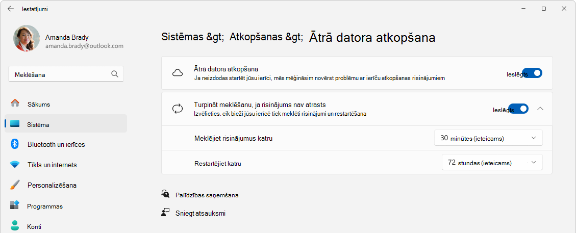 Ekrānuzņēmums: iestatījumu > atkopšana > , ātrā mašīnas atkopšana.