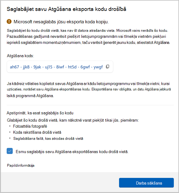 Atsaukšanas eksporta koda ekrānuzņēmums