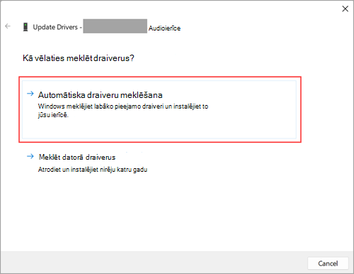 Meklējiet audio draiverus Windows 11 iestatījumos.