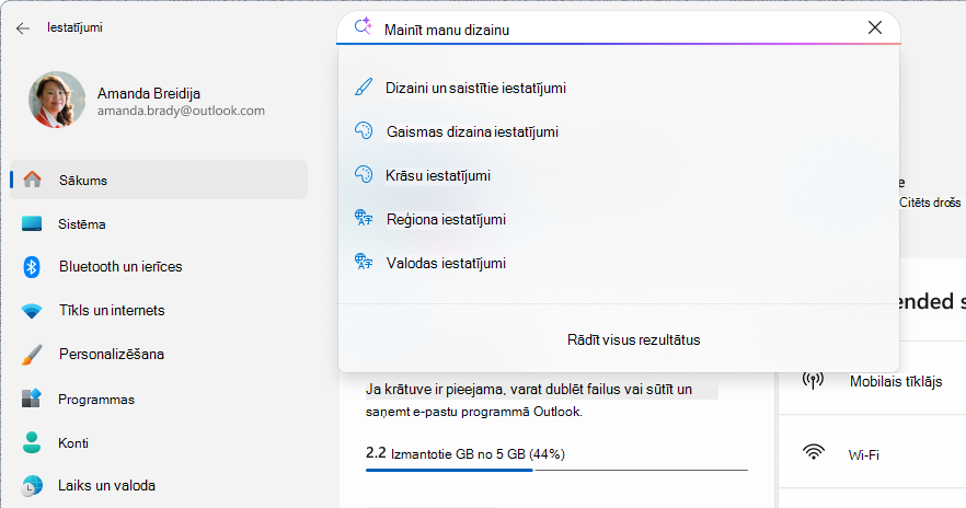 Ekrānuzņēmums ar meklēšanu sadaļā Iestatījumi.