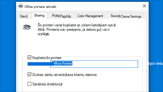 Printera koplietošana sadaļā Printera rekvizīti