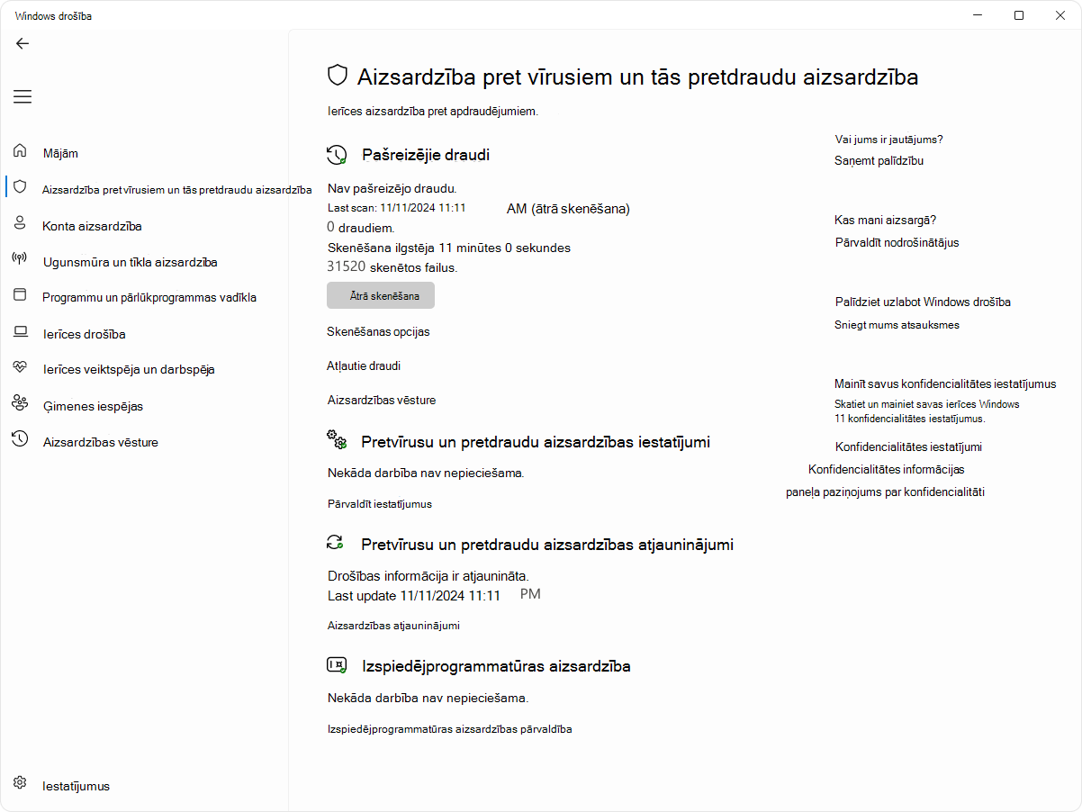 Screenshot of the virus and threat protection page of the Windows Security app.