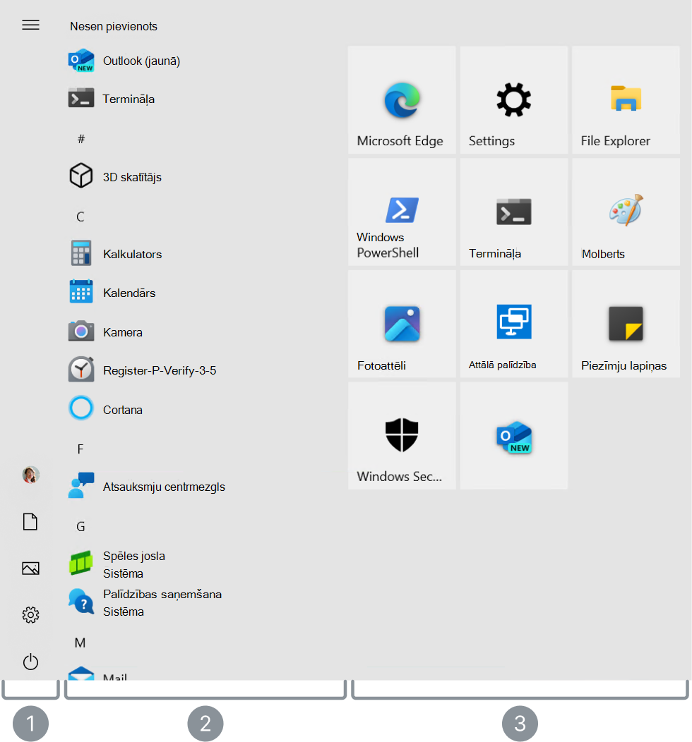 screenshot of the Windows 10 Start menu with the 3 main areas highlighted.