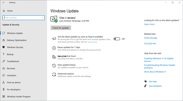 Windows Update ekrānuzņēmums
