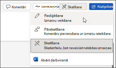Pārslēgšanās no skatīšanas uz rediģēšanas skatu programmā Word tīmeklī