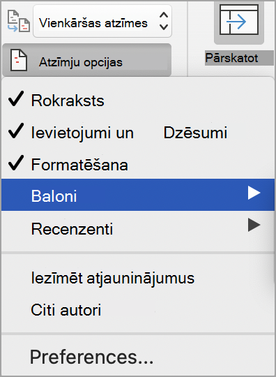 Izmaiņu reģistrēšanas atzīmju opcijas