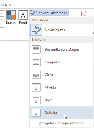 Izvēlne Rindkopu atstarpes