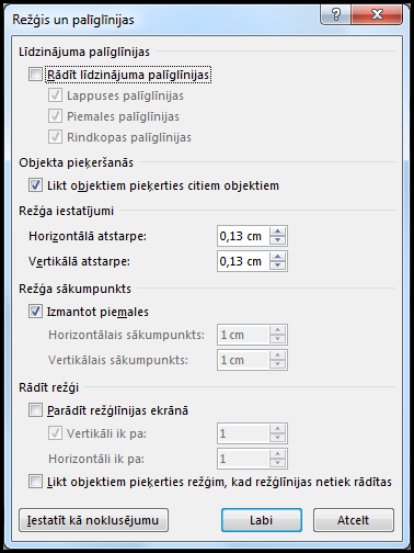Word dialoglodziņš Režģis un palīglīnijas