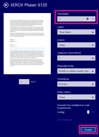 Windows 8 lasītāja printera opcijas