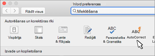 Word darbam ar Mac poga Automātiskā koriģēšana