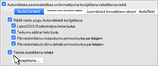 Izvēles rūtiņa Word for Mac Replace text as you type.