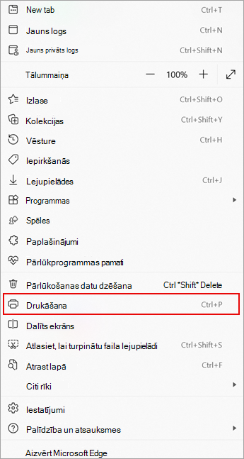Ekrānuzņēmums, kurā redzama komanda Drukāt izvēlnē Vēl pārlūkprogrammā Microsoft Edge.