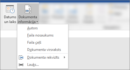 Ekrānuzņēmums, kurā redzamas Word lentes pogas Dokumenta informācija un Datums & laiks