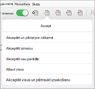 Izvēlne Akceptēt izmaiņas