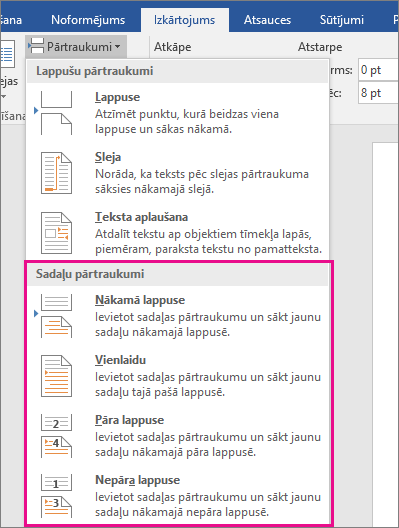 Sekciju pārtraukumu tipi ir iezīmēti cilnē Izkārtojums.