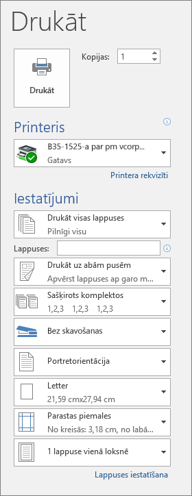 Ekrānuzņēmums, kurā redzama drukāšanas rūts ar dažādiem drukas iestatījumiem, piemēram, kopiju skaitu.