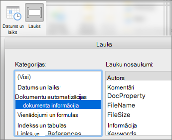 Ekrānuzņēmums, kurā redzami lauku kodi, kas filtrēti pēc kategorijas Dokumenta informācija