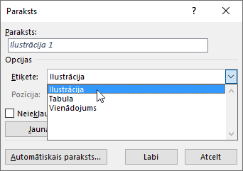 Izmantojiet parakstu dialoglodziņu, lai iestatītu sava attēla, tabulas vai vienādojuma parakstu opcijas.