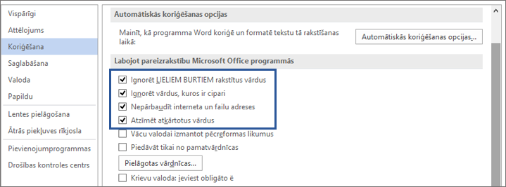 Opcijas vārdu ignorēšanai, labojot pareizrakstību