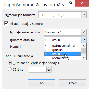 Nodaļu numura stilu izvēle