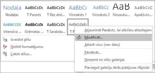 Ar peles labo pogu stilu galerijā noklikšķiniet uz Paraksta stils, lai modificētu savu parakstu formatējumu.