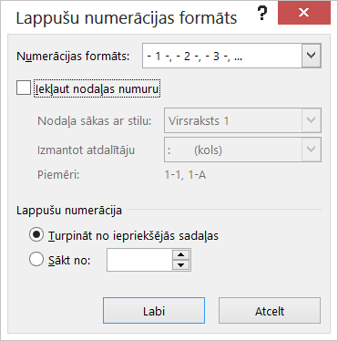 Dialoglodziņš Lappušu numerācijas formāts