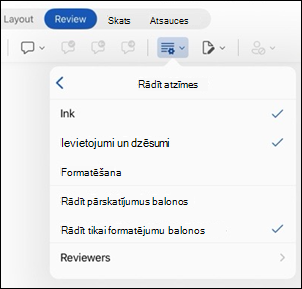 Word darbam ar iPad atzīmju opciju rādīšana