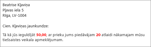 Pasta sapludināšanas dokuments, kurā lasīts jūsu ieguldījums 50,00 apmērā un tiek piedāvāta 20 procentu atlaide.