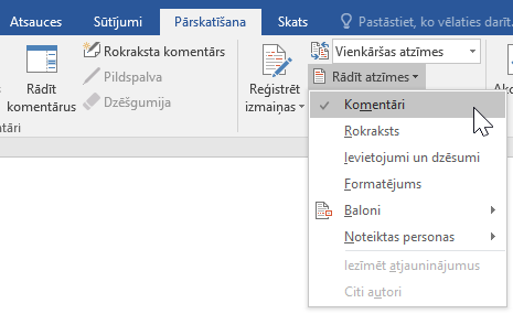 Tiek rādītas atzīmju opcijas cilnē Pārskatīšana