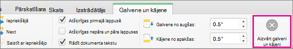 Lai pārtrauktu dokumenta galvenes vai kājenes rediģēšanu, noklikšķiniet uz Aizvērt galveni un kājeni.