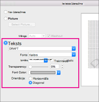 The Insert Watermark dialog box with a highlight around the Text options