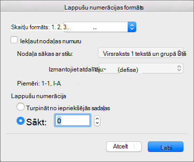 Atlasiet numerācijas stilu un sākuma numuru lodziņā Lappušu numuru formāts.