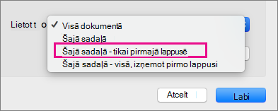 Lietot izvēlnē ar iezīmētu vienumu Tikai pirmā lappuse