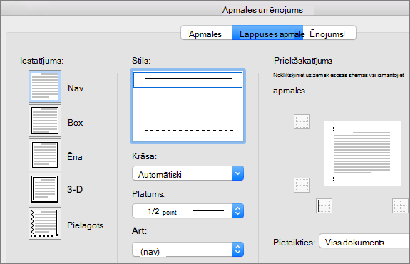 Atlasiet lappuses apmales stilu, krāsu un platumu