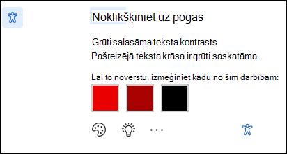 Pieejamības problēmas paziņojuma ekrāns ar iespējamajiem labojumiem.