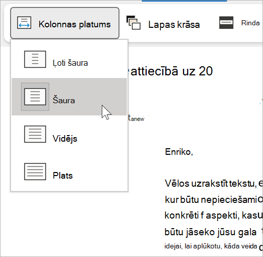 Ekrānuzņēmums ar kolonnas platuma nolaižamo izvēlni Tīrskata lasītājs, opcijas ir ļoti šauras, šauras, vidējas, platas