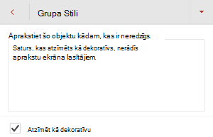 Dialoglodziņš Alternatīvais teksts, kurā atzīmēta izvēles rūtiņa Atzīmēt kā dekoratīvu programmā PowerPoint darbam ar Android.