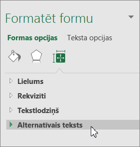 Objektu rūtī noklikšķiniet uz Alternatīvais teksts