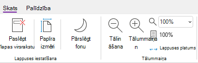 Grupa Tālummaiņas opcijas programmā OneNote darbam ar Windows.