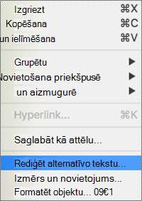 Opcija Rediģēt alternatīvo tekstu kontekstizvēlnē programmā PowerPoint darbam ar Mac