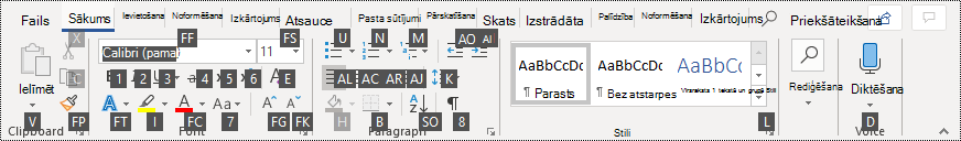 Padomi par taustiņiem programmas Word 365 lentē